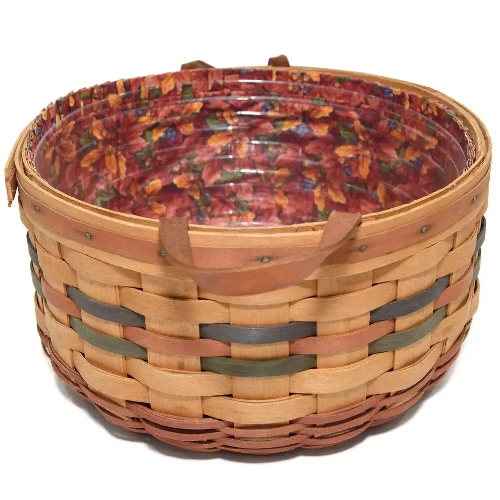 Longaberger 1995 Large Round Harvest Basket Handles Liner & Plastic Protector